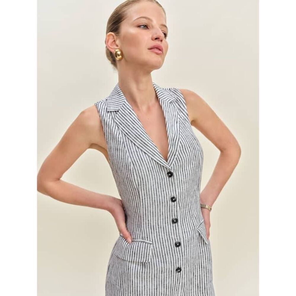 Reformation Women's Striped Sleeveless Leila Linen Romper Blue White Sz 10
